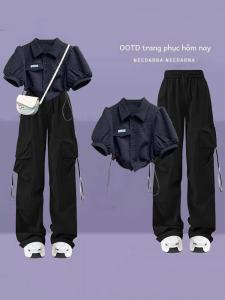 Summer Wear Dopamine Wear a Set of Internet Celebrity Fried Street Fashion Sweet and Spicy Short Shirt Wide-Leg Overalls Two-piece Set