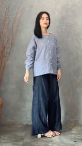 QUEENTIN Setelan Wanita Casual 0749 Katun Yarndyed Motif Salur Denim Chambray Lengan Karet Panjang