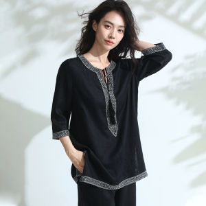 Miccbeirn | Pure Linen Gold Thread Embroidered Casual Shirt Vintage V-neck Tassel-trimmed Loose Fit Summer Top For Women Daily Wear