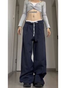 Quần Ống Rộng Kẻ Sọc Dài Cạp Cao Cho Nữ Quần Dài Ống Đứng Dáng Rộng Thoải Mái Giản Dị Quần Dài