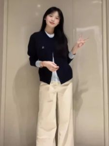 Chic Korean Style Casual Blue Knitted Top Womens Fashion Patchwork Fake Two-Piece Sweater Cardigan Long Sleeve round Neck