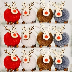 Anglebabylife 5Pcs Christmas Felt Elk Hanging Ornaments Cute Reindeer Craft Decorations Xmas Tree Wooden Pendants New Year Party Kids Gifts