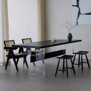 Modern Minimalist Acrylic Floating Table Wooden Tea Making Table Home Work Desk Art Style Long Rectangle Single Layer Table