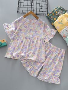 Childrens Summer Sleepwear Short Sleeve Cotton Silk Doll Shirt Shorts Set Baby Artificial Cotton Comfortable Home Clothes