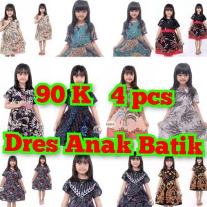 PAKET HEMAT 100RB 4PCS Dress Anak Batik Cewek Umur 2-12th / Baju Batik Anak Perempuan / Dress Anak Batik