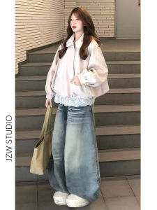 American Style Low Waist Wide Leg Denim Jeans Women Loose Slimming Draping Straight Floor-Length Pants Cat Detail
