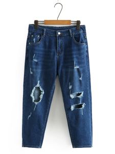 High Waist plus Size Denim Jeans Womens Elastic Hole Harem Pants Spring Summer Korean Style Cotton Stretch Dark Color