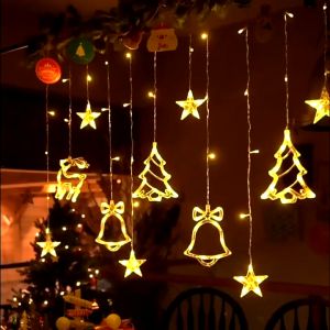 4M Christmas fairy lights Deer Bell Christmas lights for House Curtain room decor Indoor/Outdoor led light strip Snowflake light for Christmas decor