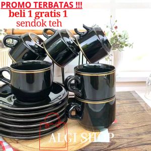 GRATIS SENDOK TEH CANGKIR SET BOX KERAMIK HITAM KELUARAN TERBARU