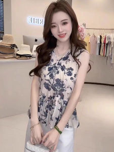 เสื้อเชิ้ตแขนกุดผ้าชีฟองพิมพ์ลายดอกไม้สำหรับผู้หญิง ฤดูร้อน 2025 ทรงเข้ารูป เสื้อคอวี ระบายอากาศได้ดี แขนสั้น ปกติ