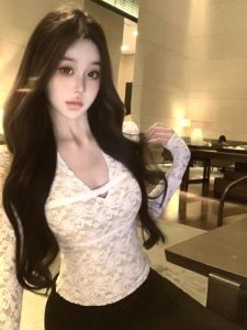 GUZILIAN | เสื้อชั้นในลูกไม้เซ็กซี่แขนยาวสไตล์เกาหลีสำหรับผู้หญิง ฤดูใบไม้ผลิและฤดูใบไม้ร่วง เสื้อชั้นในทรงเข้ารูปสั้นแบบมีรูพร้อมลูกไม้แบบพิเศษ