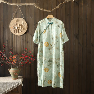 Retro Chinese Floral Print Midi Dress Loose Stand Collar Five Quarter Sleeve Modified Cheongsam Gown A-Line Silhouette Summer