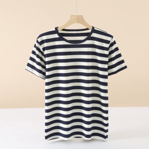 เสื้อยืดคอกลมแขนสั้นผ้าฝ้ายแท้บางสำหรับใส่อยู่บ้านในช่วงฤดูร้อน เสื้อผ้าอยู่บ้านสำหรับผู้ชาย ชุดนอนผู้ชาย ชุดนอนแขนสั้นลายทาง