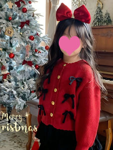 ชุดเสื้อถักผ้าขนสัตว์ฤดูหนาวสำหรับเด็กผู้หญิง ชุดสีแดงมีโบว์ผูก ชุดเด็ก เสื้อคาร์ดิแกนถักเปิด ชุดเด็กปีใหม่