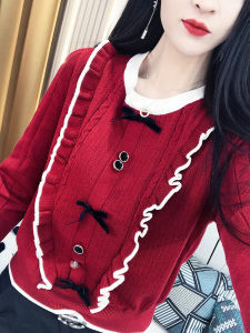 เสื้อสเวตเตอร์ถักสีแดงสำหรับผู้หญิง ฤดูใบไม้ผลิและฤดูใบไม้ร่วง 2025 ใหม่ ทรงเข้ารูป ดีไซน์เก๋ไก๋ คอตั้ง แขนยาว เสื้อสเวตเตอร์ถัก