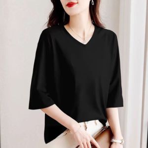 Outlets 100% Pure Cotton Womens V Neck Half Sleeve Slim Easiest for Match Casual Western Style Top White 3/4 Sleeve