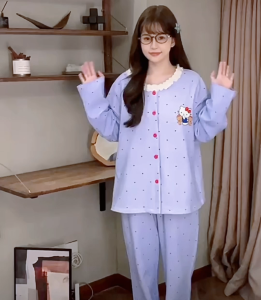 Korean Soft Cotton Cute Blue Hello Kitty Terno Pajama Set for Women - Casual Breathable Loungewear Pambahay