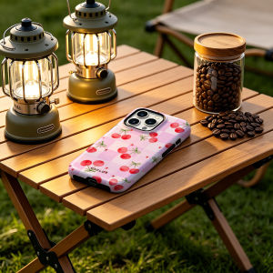 Potdemiel | Pink Plaid Cherry High Strength PC Heavy Duty Bumper for iPhone 17 16 15 14 Plus 13 Pro Max Shockproof Cover