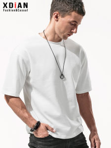 Pure White Short Sleeve T-Shirt Mens Cotton Loose Half Sleeve Elbow Sleeve Top Clothes Half Sleeve Pure Color Heavy Weight Bottoming Shirt Summer