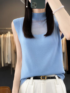 Elegant Ice Silk Knitted Hollow out Sleeveless Vest High Collar Womens Summer Top Stylish Versatile Fashionable Trendy