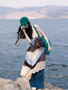 Pear-Shaped Figure Loose-Fit Seaside Vacation Style Japanese Style Stylish Cut Out Tie-Dyed Bandage Dress Knitting Sling Dress Summer