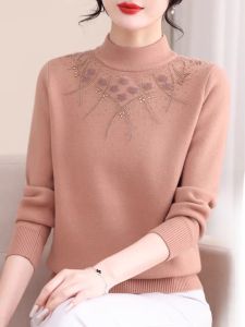 WANGGONGZHU | Thickened Knitted Half-High Collar Womens Base Shirt Autumn Winter Inner Wear Fleece Lined Fashionable Sweater For Mommy
