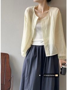 Unique round Neck Long Sleeve Thin Sun Protection Shirt Womens Loose Casual High-End Feeling Top Korean Style Anti-Wrinkle