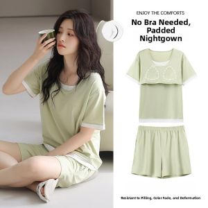 MiiOW | Cat Woman Summer Sleepwear With Chest Pad Loose Short Sleeve Womens Home Clothes Can Be Worn Outside Cotton Round Neck Short Pants