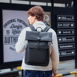 MarkRyden กระเป๋าสำหรับทั้งหญิงและชายแฟชั่นสำหรับผู้ชายกระเป๋าคอมพิวเตอร์แบบม้วนด้านบน15.6นิ้วแล็ปท็อปกระเป๋าเป้ธุรกิจกันน้ำกระเป๋าสะพายไหล่สีดำ