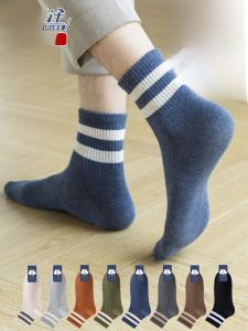 Mens Mid-Calf Striped Socks Pure Cotton Anti-Odor Antibacterial Sport Socks for Summer Autumn Winter Absorb Sweat Breathable