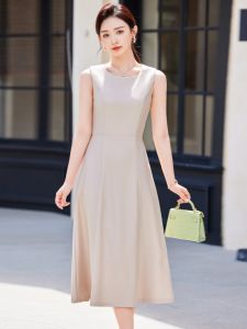 Business Womens Midi Dress Sleeveless Commuter Style High Waist Slim A-Line Skirt Pure Color Autumn New Arrival