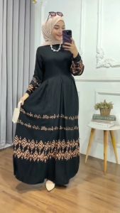 GAMIS TWILL TERLARIS DASAR HITAM ARABIAN COKELAT - Model Floy, Resleting Depan, Lengan Karet, Tali Samping (LD: S: 95cm, M: 100cm, L: 105cm, XL: 110cm, XXL: 115cm, XXXL: 125cm, Jumbo: 130cm, PB +- 140cm) - Ori (EXPORT)