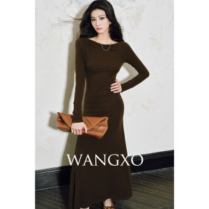WANGXO | Đầm Len Dệt Kim Dáng A Mô Típ Cashmere Một Bờ Vai Ống
