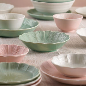 Mino Yaki Ceramic Soup Bowl Fruit Plate Underglaze Dinnerware Set Japanese Style Home Use Creamy Glaze Flat Dish 8 Inches