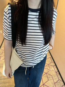 NINI ONE Casual Striped Color Block Short Sleeve T-Shirt Women Summer round Neck Pullover Slimming Top Comfortable Loose Fit