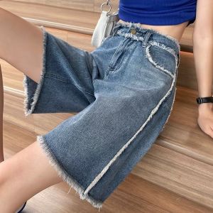 High Waist Loose Fit Summer Denim Shorts Womens Vintage Faded Raw Hem Straight Leg Thin Model Trendy Student Hot Pants