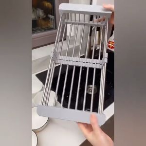 OKK ตระกร้าสแตนเลส ปรับความยาวได้ ตระกร้าใส่ผัก ชั้นวางถ้วยจาน ผลิตภัณฑ์สแตนเลส ตระกร้าล้างผัก สแตนเลส วางบนอ่างล้างจาน ล้างผัก