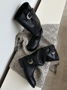 Vintage Style Long Knight Boots Womens round Toe Mid-Calf Leather Boots Thick Heel Rubber Outsole Daily Wear Footwear