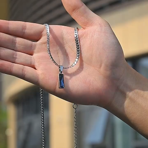 Simple Geometric Square Pendant Stainless Steel Necklace for Men Blue Zirconia Trendy Chain Jewelry Silver Chain Necklace With Rectangular Blue Pendant.