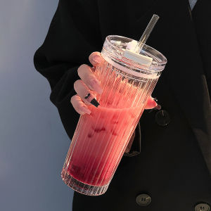 Large Capacity Office Coffee Cup Womens Home Use Straw Glass Cup Juice Milk Tea Transparent Simple Style Ins Wind Glass Cup