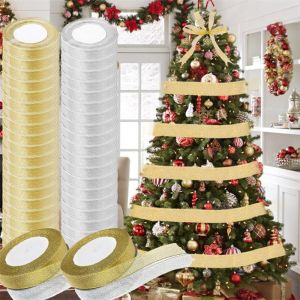 22.5M Sparkling Golden Silver Ribbon for Christmas Tree Exquisite DIY Holiday Gift Packaging Material Wrapping for Floral Decoration