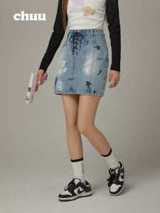 Chuu Letter Print Denim Half Skirt Womens New Design Belted Zipper A-Line Short Skirt High Waist Korean Style Cotton 100%