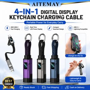Aitemay 4-in-1 Digital Display Keychain Charging Cable 65W USB A to USB C Fast Charging Cord for iPhone 17/16 Samsung Huawei Tablets Laptops – LED Power Display Short Braided Travel Cable