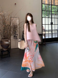 Summer Vacation Style Set for Women Soft Round Neck Printed Printed Half Sleeveless Top and Ruched Midi Skirt Two-Piece Set