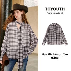 Toyouth | Áo Sơ Mi Nơ Dây Lỏng Kiểu Gingham Boho cho Phụ Nữ