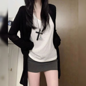 Áo len cardigan nữ Binkafenny màu đen mỏng dáng dài chống nắng