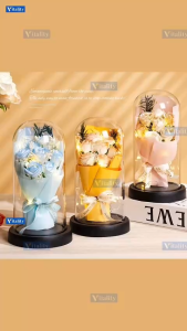 Artificial Eternal Rose Flower in Glass Dome with LED 7PCS Rose Flower Bouquet Birthday Xmas Gift