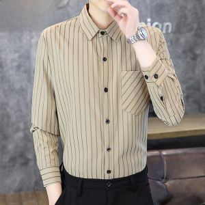 HENGYUANXIANG | Warm Fleece Lined Thick Long Sleeve Casual Shirt For Men Autumn Winter Striped Pocket Design Polo Neck Standard Fit Fashionable Urban Style