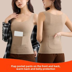 Thermally Comfortable Seamless Vest Womens Autumn Winter Thickened Fleece Casual Inner Wear with Pockets Slim Fit Base Shirt
