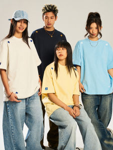 เสื้อยืดแขนสั้นคอกลมผ้าฝ้ายแท้พิมพ์ลายปัก Cross Stitch Basic Loose Casual Pure Cotton Short Sleeve T-Shirt ทรงหลวม สไตล์ลำลอง